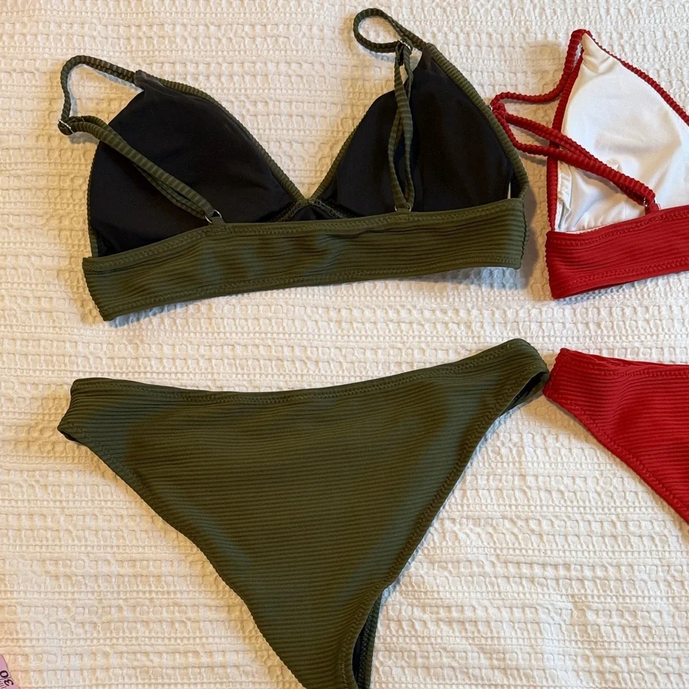 CUPSHE Women’s Two Piece Triangle Top  Set of 2 Green and Orange - Picture 7 of 9